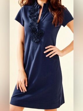 Lily Pulitzer Navy Floral Appliqué Polo Dress. Large